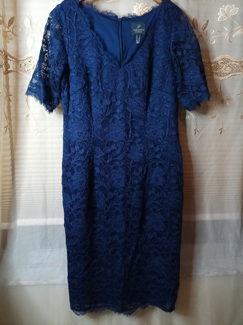 Adrianna Papell Navy Lace V-Neck Midi Dress